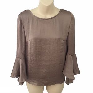 By & By Flare Sleeve Tie Back Crinkle Satin Top